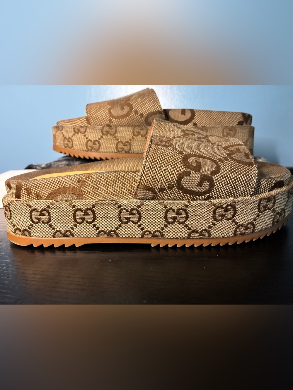 Gucci Beige/Brown Canvas Monogram Platform Slide